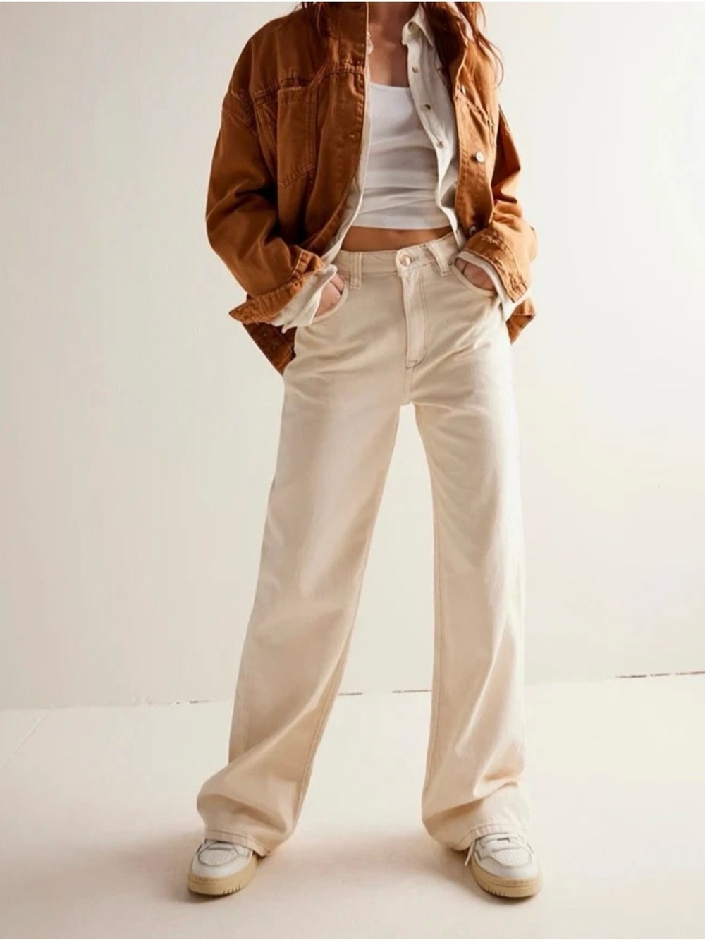 We the Free Tinsley Baggy High Rise Cream Pant sz 27